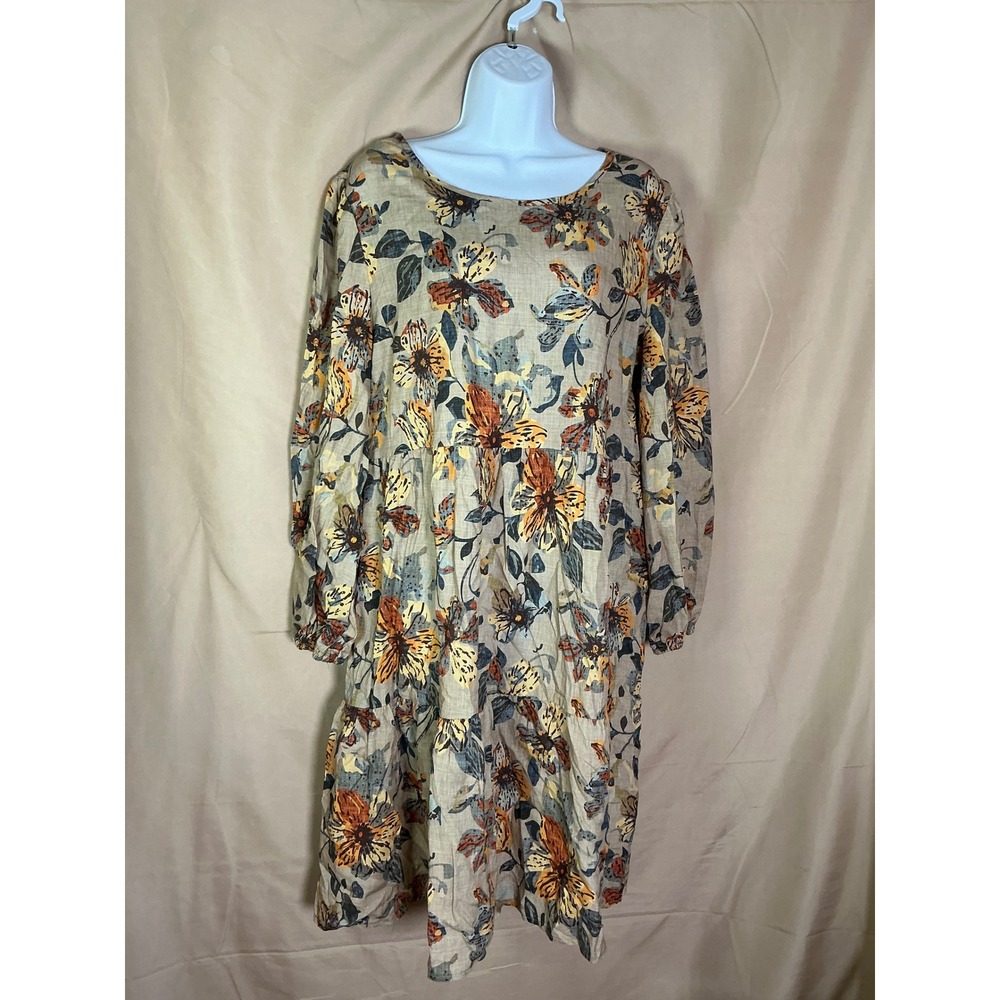 Shein Babydoll Dress Womens L Tan Floral Excellent Tiered Long Sleeve Boho Mini